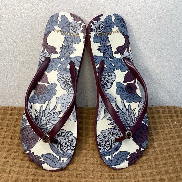 Tory Burch Women's Sz 9 M Flip Flop Sandals Purple Floral Logo Lightweight - Picture 6 of 8